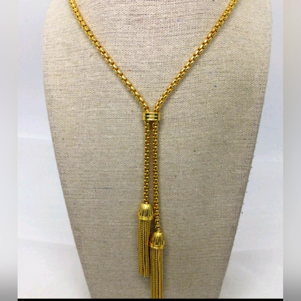 J. Crew Goldtone Tassel Lariat Box Chain Necklace 28" NWOT